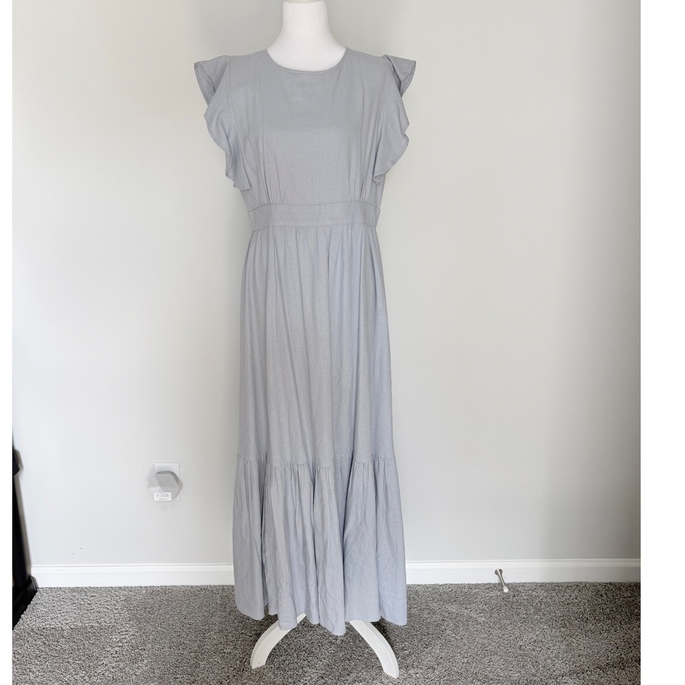 Cynthia Rowley Blue Linen Blend Ruffle Sleeve Tiered Maxi Dress Womens Small